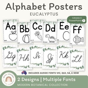 Modern Alphabet Posters, Calm Botanical ABC Wall Set, Editable Phonics Display, Aussie Fonts, Cursive & Print, Eucalyptus Classroom Decor