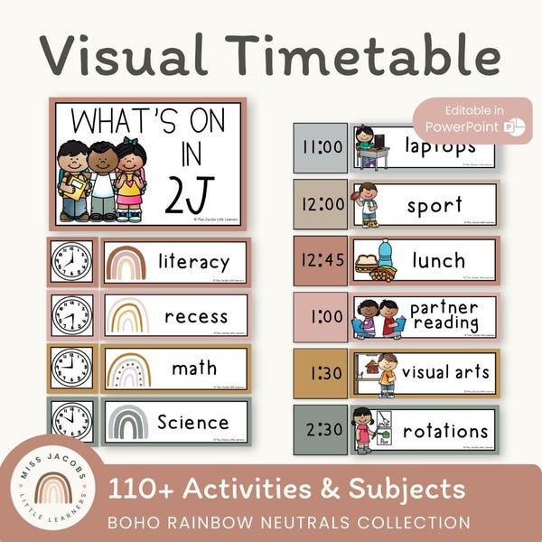 Modello di schede di programmazione visiva Boho Rainbow, orario giornaliero visivo modificabile, tabella di routine scolastica stampabile, decorazioni per aule elementari