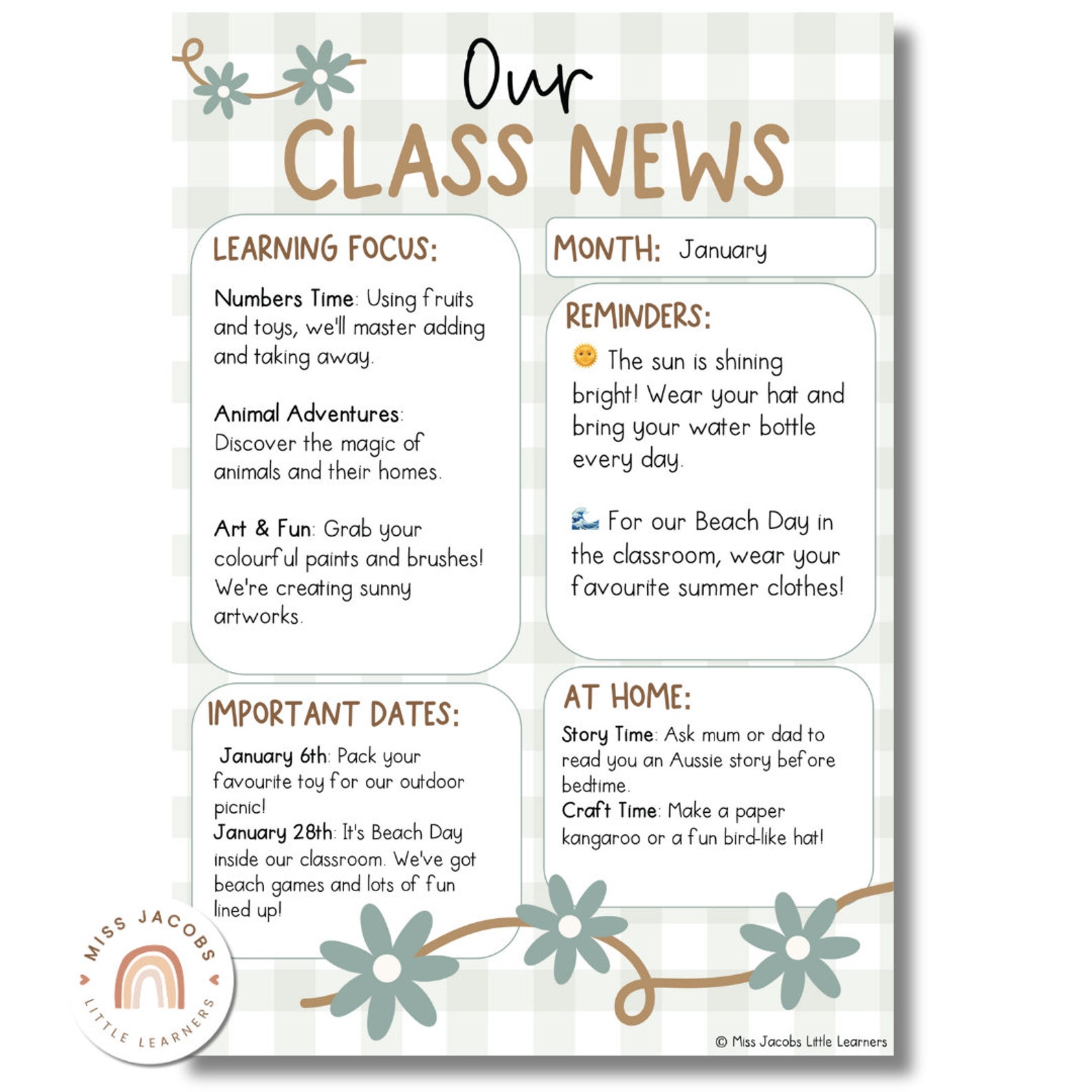 Editable Classroom Newsletter Template | Daisy Gingham Neutrals ...