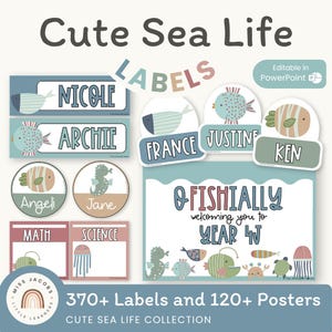 Cute Sea Life Classroom Labels Bundle | Editable Student Name Tags, Posters & Door Display | Cute Class Decor