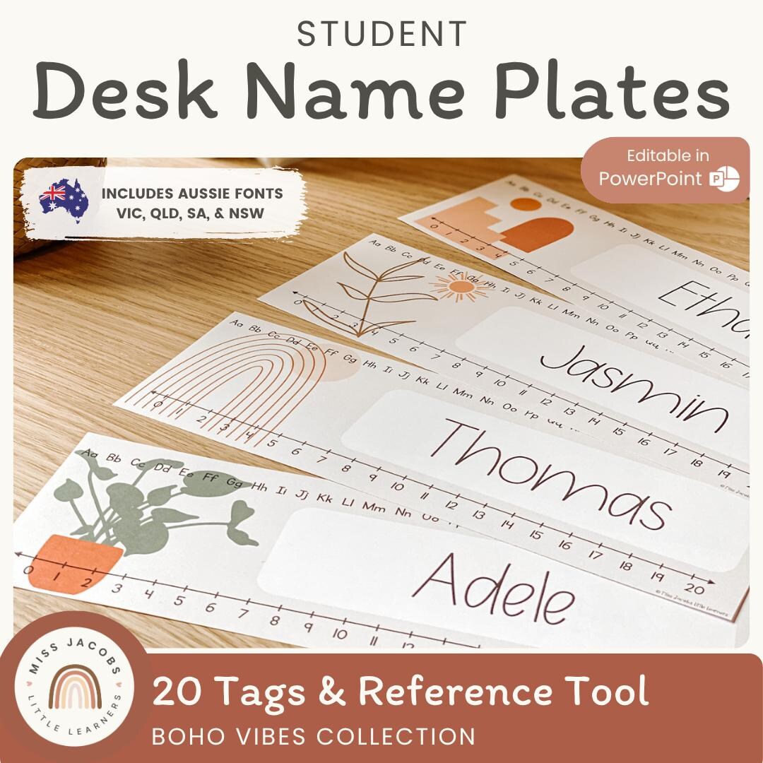 BOHO VIBES Desk Plates | Alphabet & Number Line | Editable | Desert ...