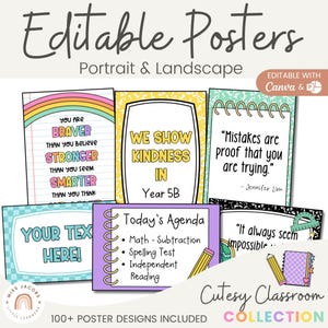 Cutesy Editable Classroom Posters, Bright Colorful Classroom Signs, Editable Labels & Decor, School Supplies Clipart Back To School Theme