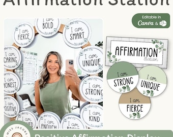 Affirmation Station Printable, Modern Botanical Classroom Decor, Leafy Accents SEL Calm Corner, Editable Positive Quotes, Mindfulness Poster