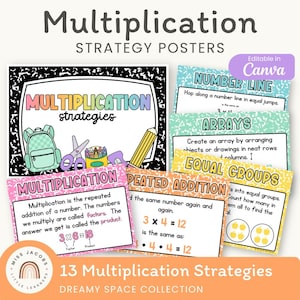 Könnte beinhalten: Eine Sammlung farbenfroher Multiplikationsstrategie-Poster. Die Poster zeigen Beispiele für Zahlenlinien, Arrays und gleiche Gruppen. Der Text enthält "Multiplikationsstrategien" und "Bearbeitbar in Canva."