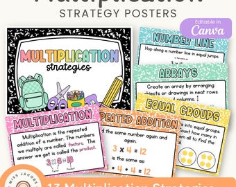 Multiplication Strategies Posters: Cutesy Composition Notebook Math Anchor Charts Classroom Decor (Printable & Editable)