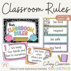 Cutesy Classroom Rules and Expectations Posters, Editable Rules for Classroom, Bilingual Bright Checkered Composition Notebook Class Decor