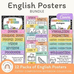 May include: A bundle of 12 English posters with a composition notebook theme. The posters cover topics like parts of speech, comprehension strategies, and grammar rules. Each poster has a colorful design with text and illustrations.