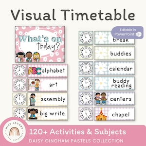 Klassenzimmer visueller Stundenplan, Daisy Gingham Pastelle tägliche Routine Chart, bearbeitbarer visueller Stundenplan, druckbare Stundenplankarten für Grundschulkinder