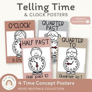 Time & Clock Posters | Boho Rainbow | Editable Neutral Classroom Decor