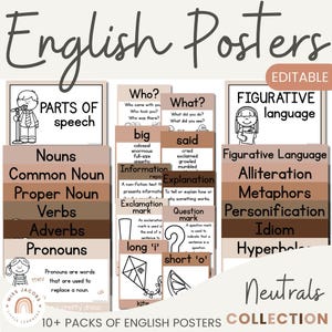NEUTRALS English Posters Bundle, Set of 12 ELA Posters, Elementary to Middle School, Ombre Visuals Reading & Writing Educational Posters