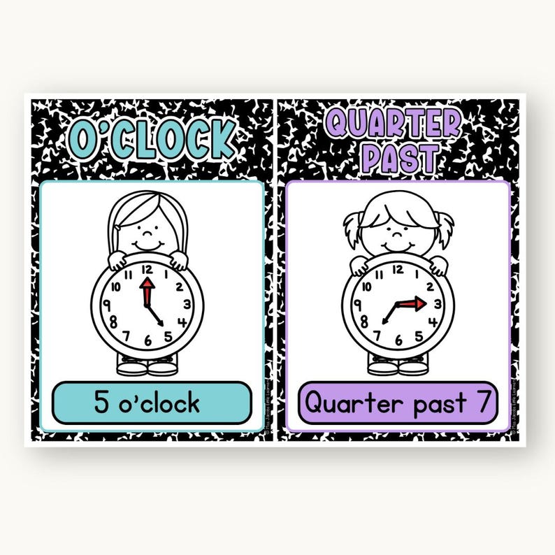 Clocking In Poster Telling Time and Analog Clock Posters: Cutesy Composition Notebook ...