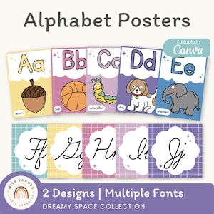 May include: Alphabet posters featuring the letters A through J, each with a corresponding illustration. The posters have a pastel color scheme and include the text "Editable in Canva" and "2 Designs | Multiple Fonts".