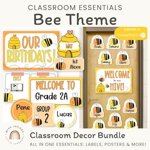 Bee Hive Classroom Decor Bundle, Bright Printable & Editable Elementary Classroom Organization Resources, Teacher Essential Decorations Pack