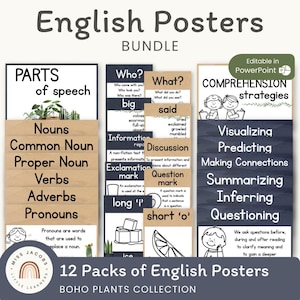 English Classroom Poster Bundle, Set of 12 Boho Plants ELA Posters for Bulletin Board Visual Aids, Printable Reading & Writing Anchor Charts