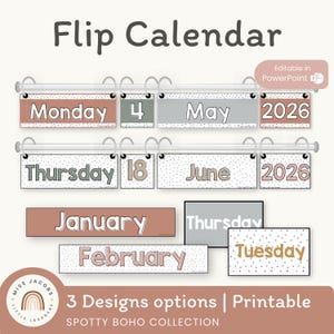 Flip Calendar | Spotty Boho Classroom Decor | Neutral Rainbow Themed | Editable