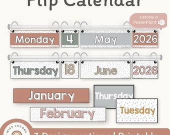 Flip Calendar | Spotty Boho Classroom Decor | Neutral Rainbow Themed | Editable