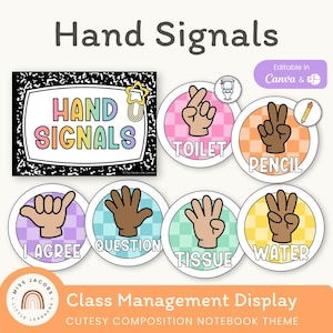 Niedliches Handzeichen-Poster, druckbares und bearbeitbares Klassenzimmerdekor, multikulturelle Hände Clipart, kariert und Kompositionsbuchthema