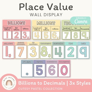 May include: A Place Value Wall Display educational set featuring pastel-colored cards with numbers and place value labels from billions to thousandths. The text includes "Place Value", "WALL DISPLAY", "Editable in Canva", and "Billions to Decimals".