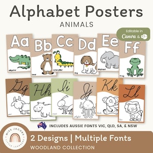 Woodland Animal Alphabet Posters A–Z, Editable ABC Display for Classroom Walls, Aussie Fonts, Bilingual ABC Posters, PDF + Canva Template
