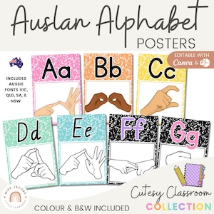 Cutesy Auslan Alphabet Posters, Printable Sign Language Chart, Bright Classroom Decor, Auslan Hand Signs A-Z, Composition Book Wall Display