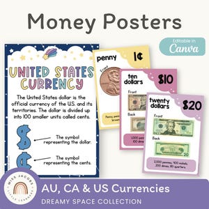 以下が含まれることがあります： アメリカ合衆国の通貨に関する教育ポスター。ポスターには、ドルとセントの記号に関する情報、ペニー、10ドル紙幣、20ドル紙幣の画像が含まれています。「Money Posters」というテキストが上部にあります。