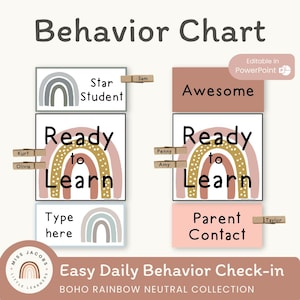 BOHO RAINBOW Behavior Clip Chart | Editable | Neutral Rainbow Classroom Decor