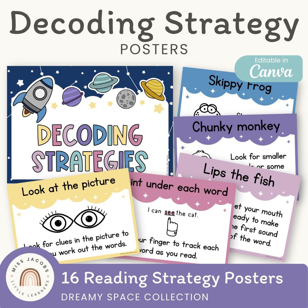 Decoding Reading Strategies Posters: Dreamy Space Theme ELA Bulletin ...