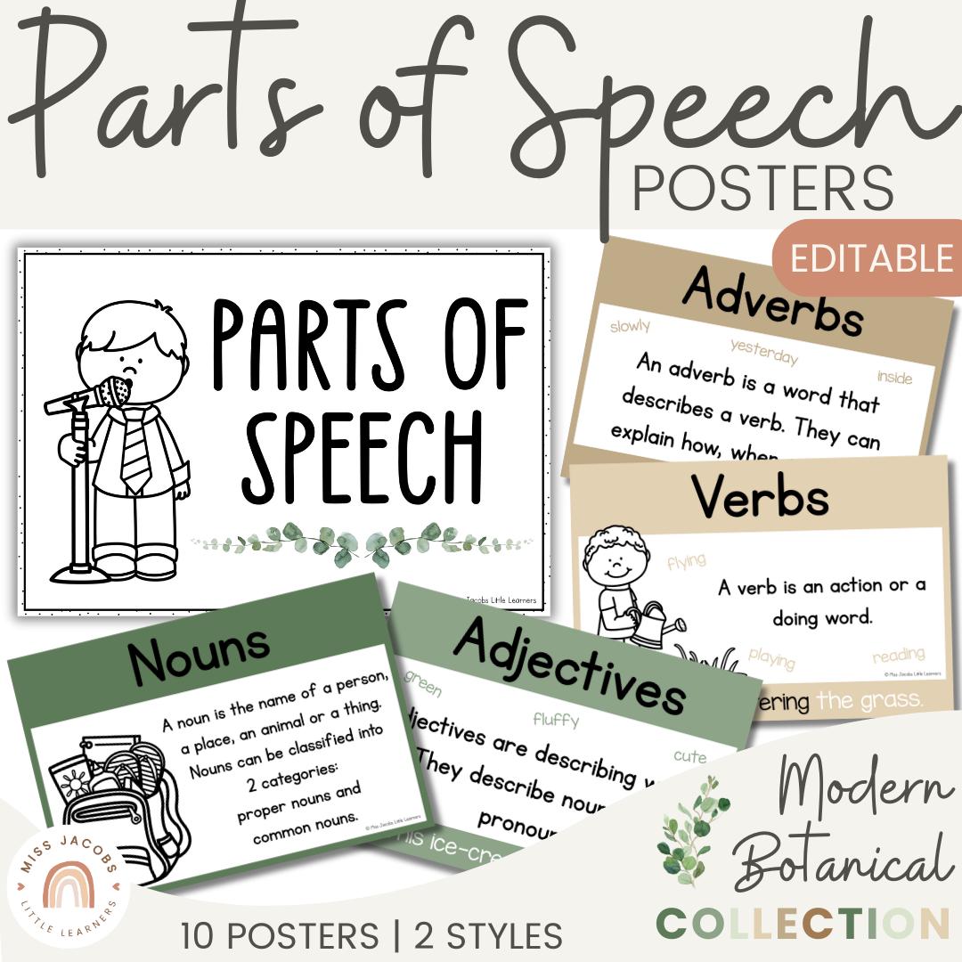 Parts of Speech Posters, Modern Botanical Grammar Anchor Charts, Printable ELA Eucalyptus Classroom Decor, Editable English Posters