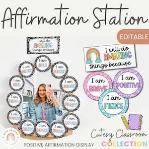 Cutesy Affirmation Station, bearbeitbare Klassenzimmer-Affirmationsplakatetiketten, Kompositionsnotizbuch-Thema Positiv „Ich bin“ für Affirmationsspiegel