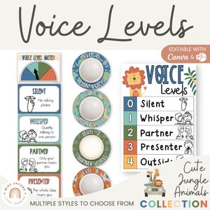 Cute Jungle Animals Voice Level Chart, Editable Voice Meter Display, Printable Round Push Light Posters, Classroom Behavior Management Decor