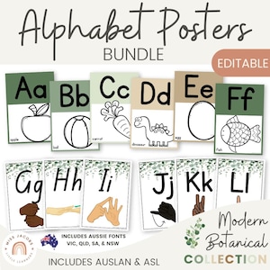 Alphabet Posters with ASL + Auslan Alphabet Bundle, Modern Botanical Classroom Decor, Editable Alphabet Display, Phonics Wall Printables
