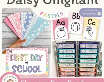 Daisy Gingham Pastels Classroom Decor Bundle | Muted Rainbow Theme | Editable