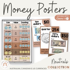May include: Educational money posters displaying Australian, Canadian, and US currencies. The posters show coin values, counting exercises, and examples of banknotes. The text "Money Posters" is at the top, with "Neutrals Collection" at the bottom.