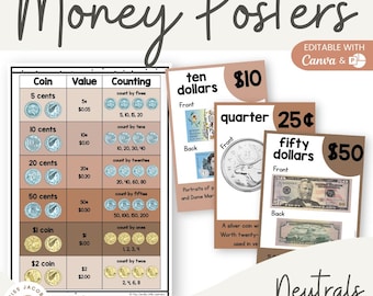 Printable Neutral Money Posters, Counting Coin & Bill Charts, US AUD CAD Dollar Value Math Anchor Chart, Calm Classroom Editable Decor Set
