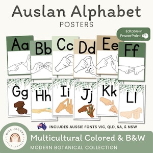 Auslan-alfabetposters, moderne botanische AZ-handsignaalmuurset, Aussie-lettertypen, afdrukbaar eucalyptusklasdecor, alfabetweergave