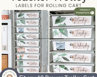 10 Drawer Cart Labels | Rustic Boho Plants Teacher Trolley Labels | Editable