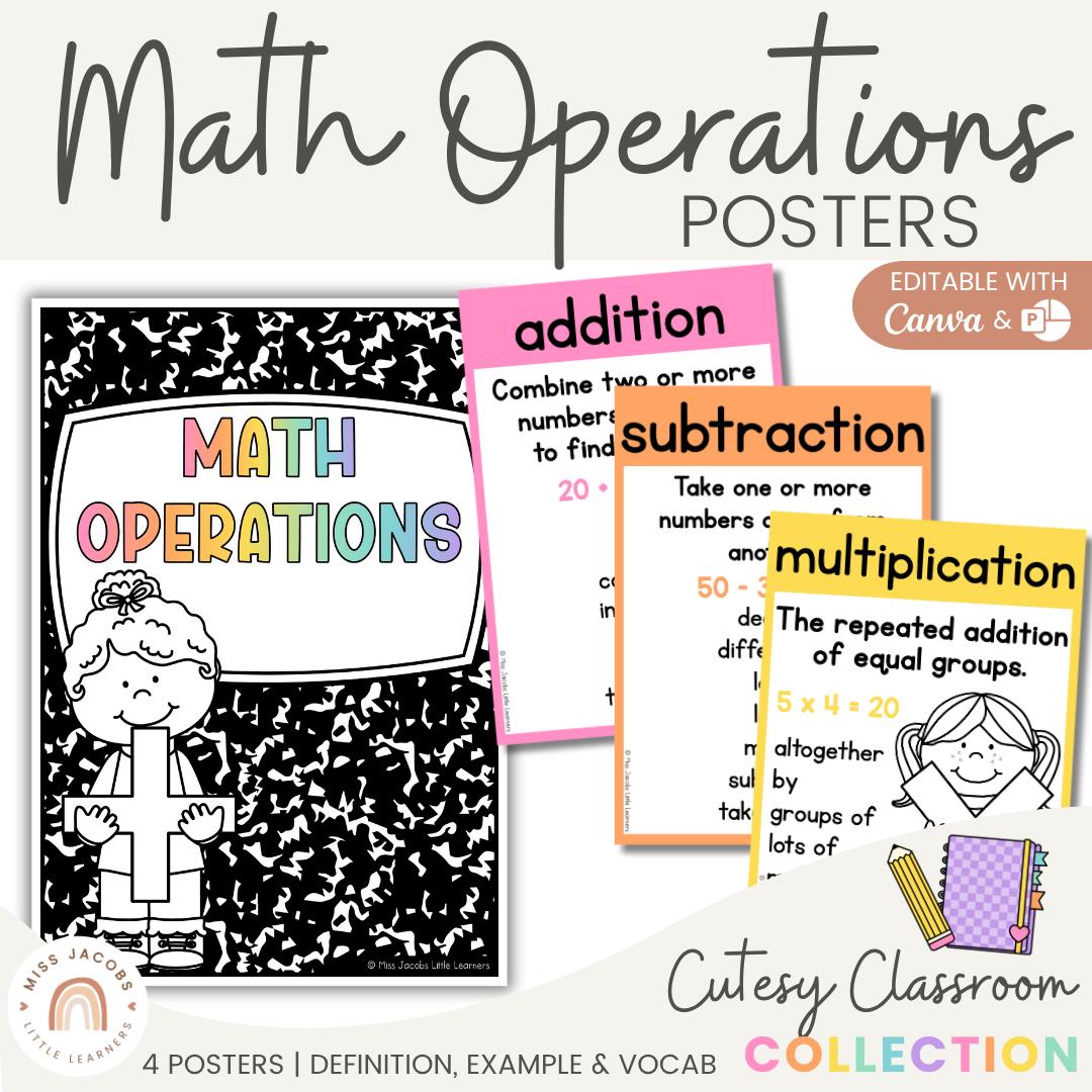 Cutesy Math Operations Posters, Colorful Math Operations Key Word Vocabulary Printable Math Anchor Charts, Classroom Math Bulletin Board