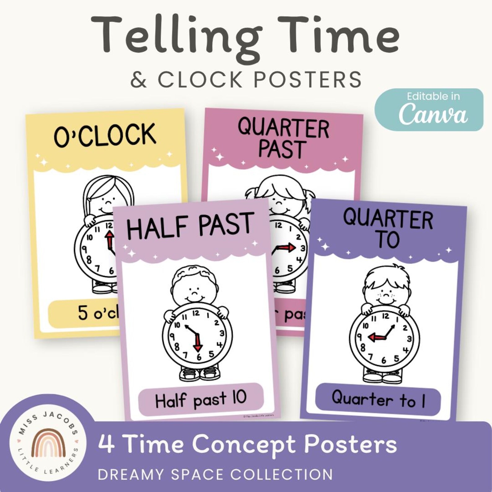 Telling Time and Analog Clock Posters: Dreamy Space Pastel Anchor Chart ...