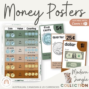 May include: Educational posters displaying Australian, Canadian, and U.S. currencies. The posters show coin values, counting exercises, and images of coins and dollar bills. The design includes a "Modern Jungle Collection" theme.