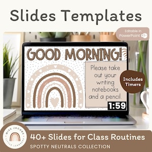 Spotty Neutrals Daily Slides With Timers, Editable Google Slides and PowerPoint Templates, Teacher Morning Agenda Slides, Meeting Slides