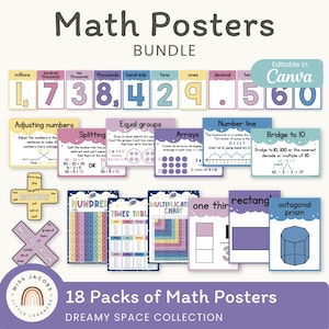 Dreamy Space Math Posters Bundle: Pastel Pop Galaxy Theme Math Decor and Anchor Charts (Printable & Editable)