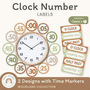Etichette per orologio Woodland, numeri dei minuti stampabili per imparare il tempo, decorazioni per orologio da parete modificabili, decorazioni con segnaminuti a tema neutro