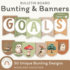 Woodland Classroom Bunting banner, afdrukbaar natuurthema prikbord letters weergeven, bewerkbare gezellige hanger vlaggen rustiek peuterdecor