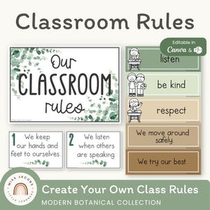 Classroom Rules & Expectations Posters with Visuals, Modern Botanical Editable Behavior Management, Bilingual-Friendly Calm Classroom Decor