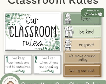 Affiches des règles et attentes de la classe avec illustrations, gestion du comportement moderne et botanique, décoration de classe bilingue et apaisante
