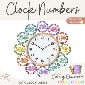Cutesy Clock Labels Display, Editable Classroom Wall Clock Decor Composition Notebook Theme, Colorful Printable Clock Numbers Learning Time