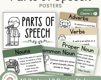 Parts of Speech Posters, Modern Botanical Grammar Anchor Charts, Printable ELA Eucalyptus Classroom Decor, Editable English Posters