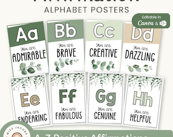 Plakaty z alfabetem botanicznym, edytowalny alfabet eukaliptusowy do dekoracji klas, nowoczesne wydruki o tematyce wiejskiej (Pintable i Canva)