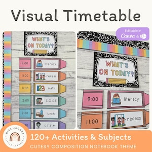 Cutesy Visual Classroom Schedule, Back to School Theme Visual Schedule Template, Composition Book Printable Kids Schedule