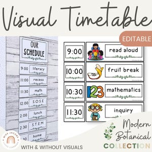 Visuelle Stundenplankarten, bearbeitbarer Stundenplan für das Klassenzimmer, druckbares tägliches Routine-Diagramm für Kinder, beruhigendes modernes botanisches Klassenzimmerdekor